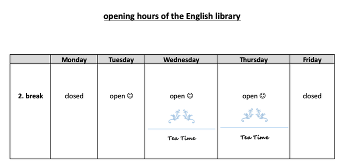 Öffnungszeiten der Englisch Bücherei